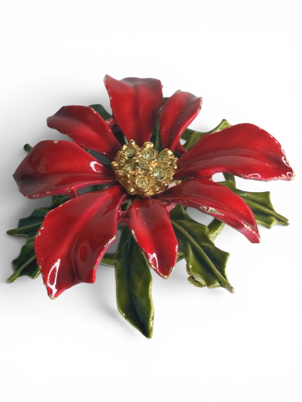 Vintage Signed ARTHUR PEPPER Red Enamel Poinsettia Holiday Brooch – Gold‑Tone - Picture 4 of 12